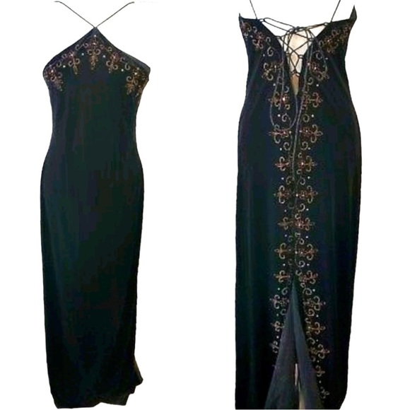 Dave & Johnny Dresses & Skirts - DAVE & Johnny By Laura Ryner Black Velvet Dress Maxi Corset Beading Train Sz 10